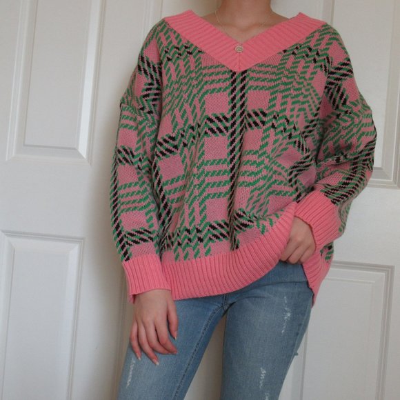 Sweaters - Oversized Pink Plaid V-Neck Sweater